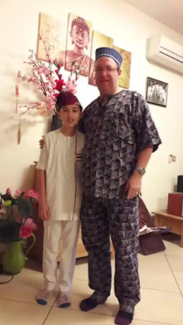 British diplomat and son rocks Nigerian attire